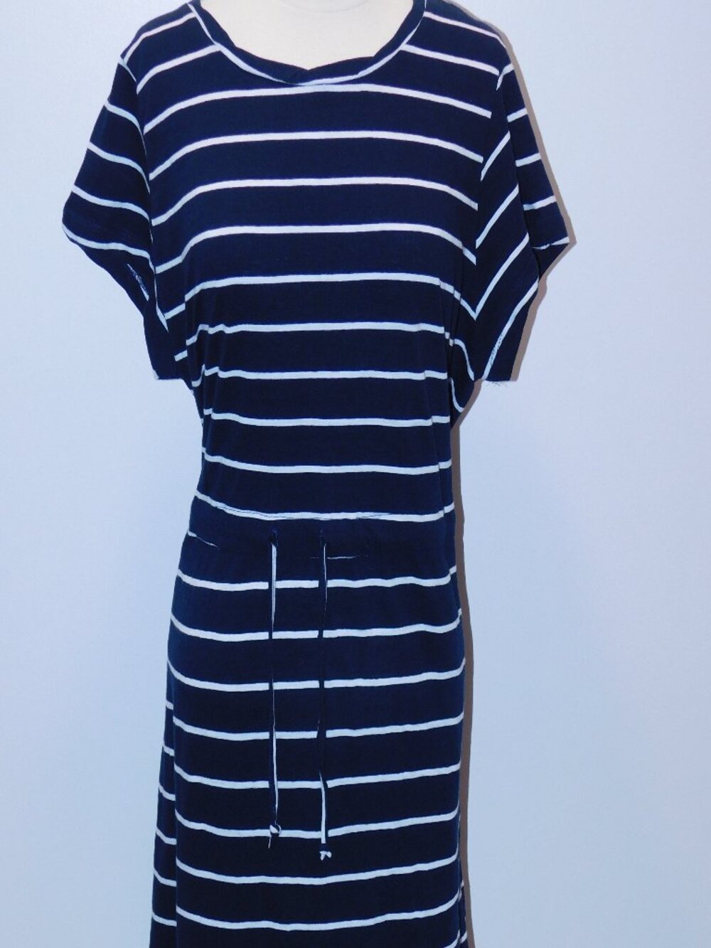 Ellos Navy & White Striped Midi Dress – Size Medium
